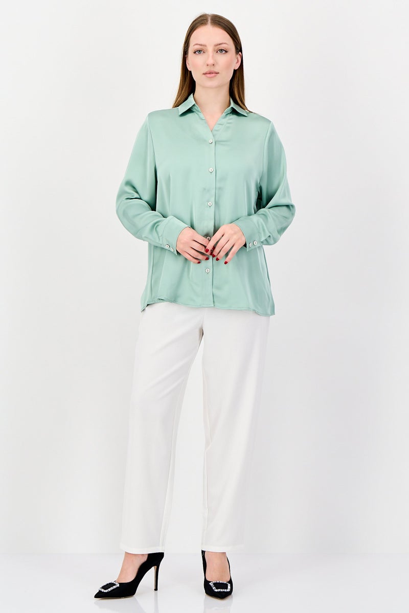 bebe Women Spread Collar Long Sleeves Plain Shirt, Pista Green - Image 4
